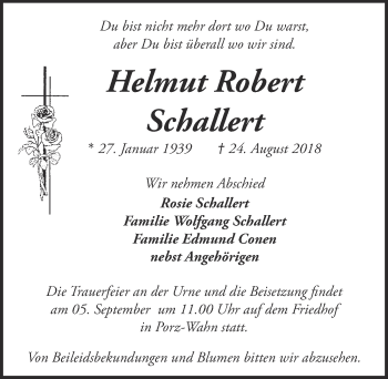 Anzeige von Helmut Robert Schallert von  Kölner Wochenspiegel 