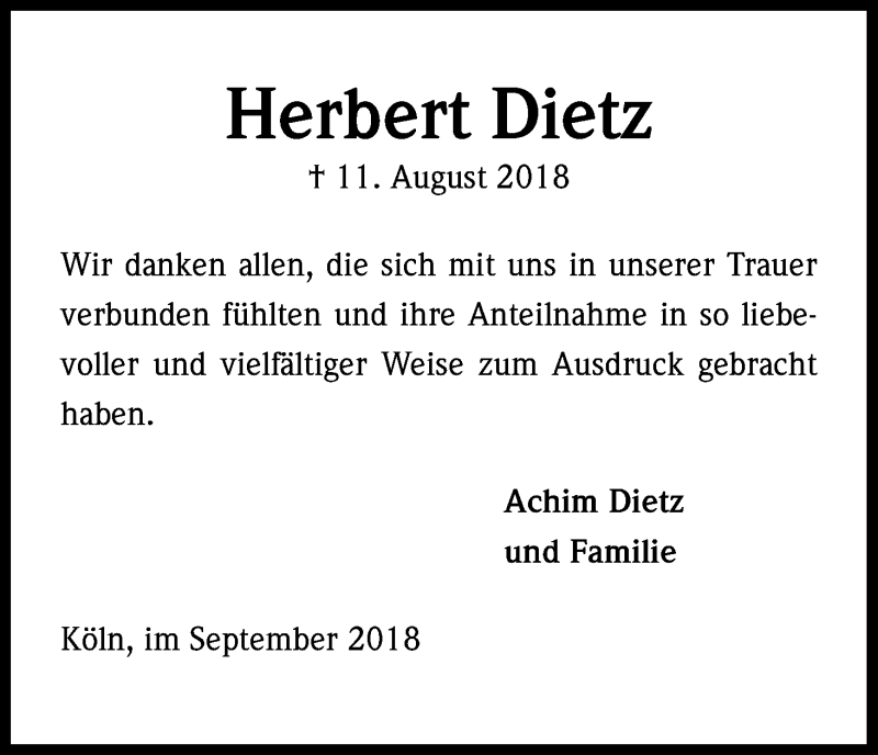  Traueranzeige für Herbert Dietz vom 15.09.2018 aus Kölner Stadt-Anzeiger / Kölnische Rundschau / Express