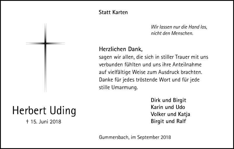  Traueranzeige für Herbert Uding vom 15.09.2018 aus Kölner Stadt-Anzeiger / Kölnische Rundschau / Express