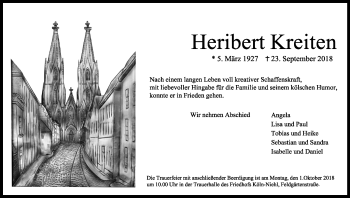 Anzeige von Heribert Kreiten von Kölner Stadt-Anzeiger / Kölnische Rundschau / Express