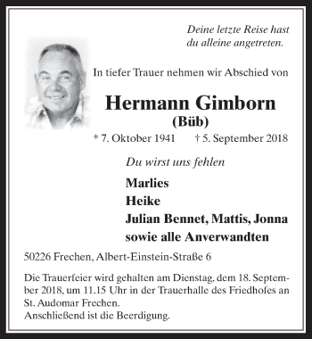 Anzeige von Hermann Gimborn von  Wochenende 