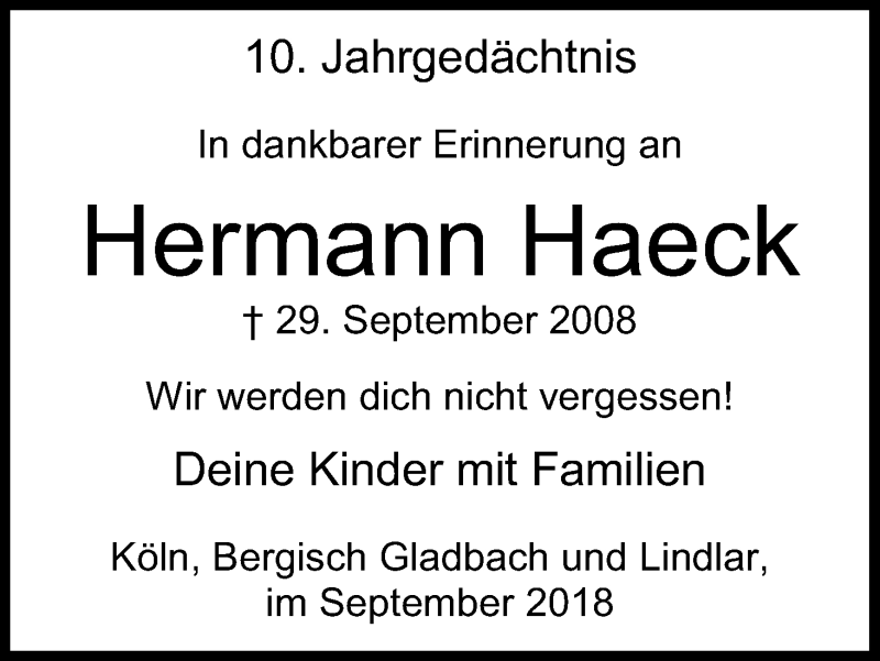  Traueranzeige für Hermann Haeck vom 29.09.2018 aus Kölner Stadt-Anzeiger / Kölnische Rundschau / Express