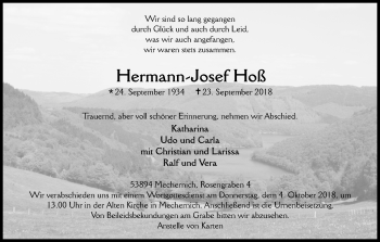 Anzeige von Hermann-Josef Hoß von Kölner Stadt-Anzeiger / Kölnische Rundschau / Express