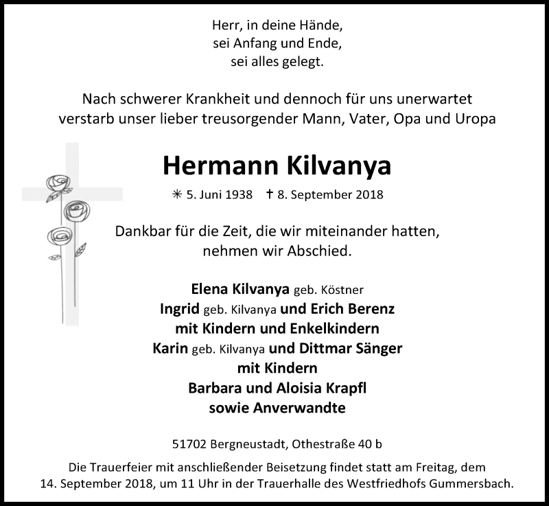  Traueranzeige für Hermann Kilvanya vom 12.09.2018 aus Kölner Stadt-Anzeiger / Kölnische Rundschau / Express