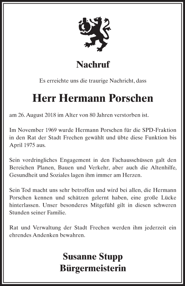  Traueranzeige für Hermann Porschen vom 08.09.2018 aus  Sonntags-Post 