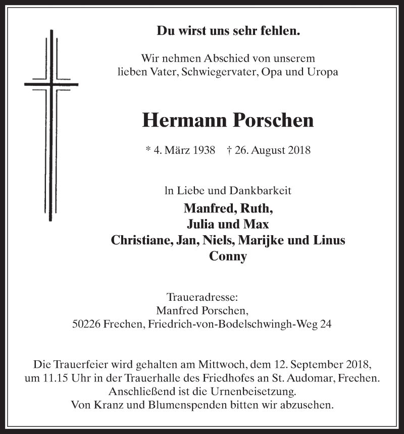  Traueranzeige für Hermann Porschen vom 05.09.2018 aus  Wochenende 