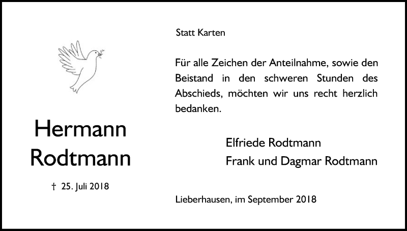  Traueranzeige für Hermann Rodtmann vom 08.09.2018 aus Kölner Stadt-Anzeiger / Kölnische Rundschau / Express