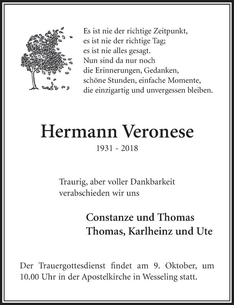  Traueranzeige für Hermann Veronese vom 26.09.2018 aus  Schlossbote/Werbekurier 