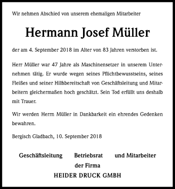 Anzeige von Hermann Josef Müller von Kölner Stadt-Anzeiger / Kölnische Rundschau / Express