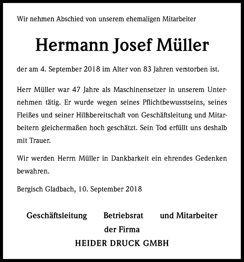  Traueranzeige für Hermann Josef Müller vom 13.09.2018 aus Kölner Stadt-Anzeiger / Kölnische Rundschau / Express