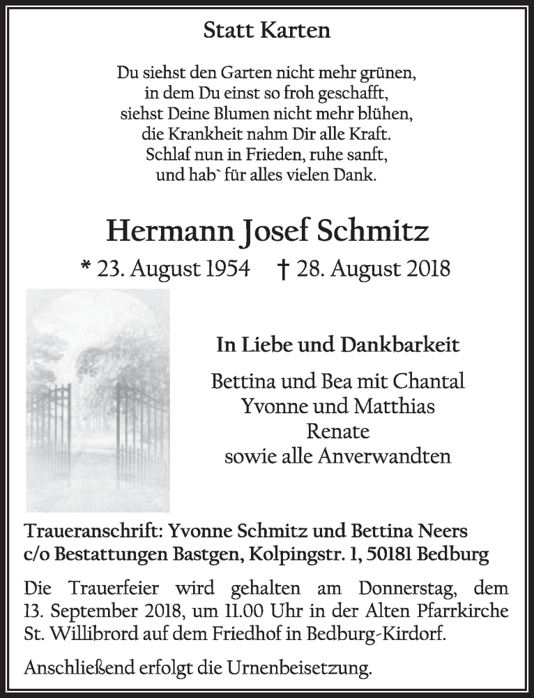  Traueranzeige für Hermann Josef Schmitz vom 08.09.2018 aus  Sonntags-Post 
