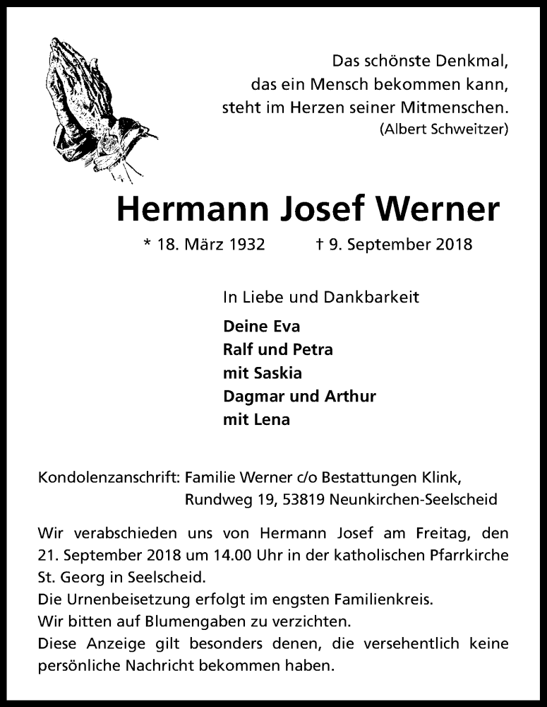  Traueranzeige für Hermann Josef Werner vom 15.09.2018 aus Kölner Stadt-Anzeiger / Kölnische Rundschau / Express