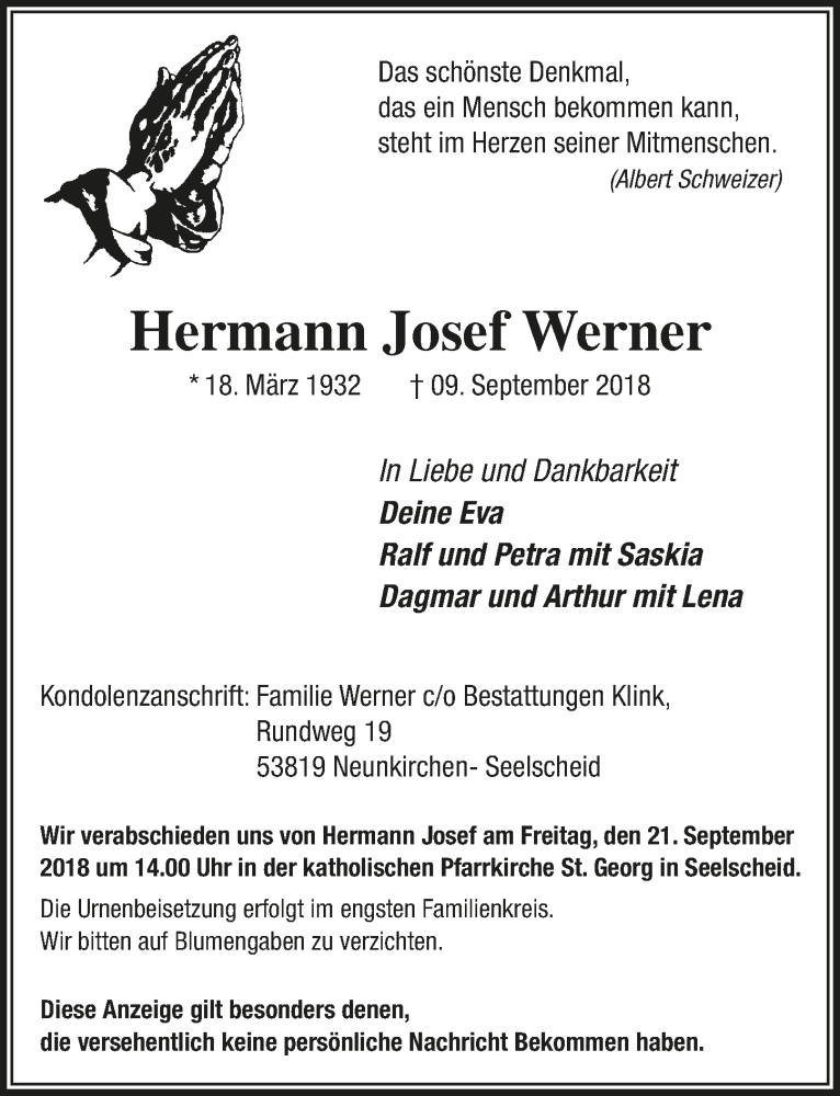  Traueranzeige für Hermann Josef Werner vom 19.09.2018 aus  Kölner Wochenspiegel 
