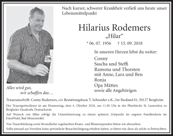 Anzeige von Hilarius Rodemers von  Sonntags-Post 