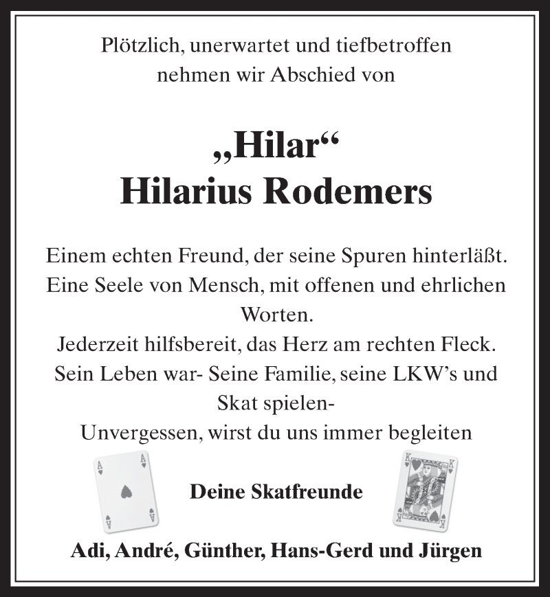  Traueranzeige für Hilarius Rodemers vom 26.09.2018 aus  Werbepost 