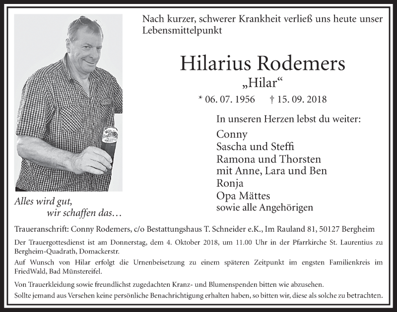  Traueranzeige für Hilarius Rodemers vom 22.09.2018 aus  Sonntags-Post 