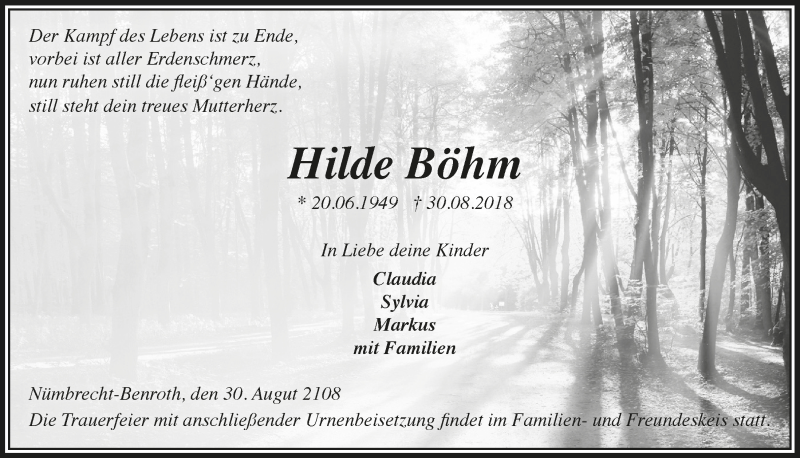  Traueranzeige für Hilde Böhm vom 05.09.2018 aus  Lokalanzeiger 