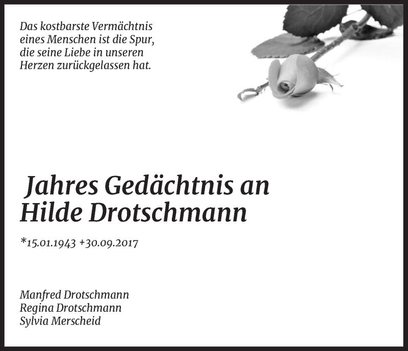  Traueranzeige für Hilde Drotschmann vom 29.09.2018 aus Kölner Stadt-Anzeiger / Kölnische Rundschau / Express