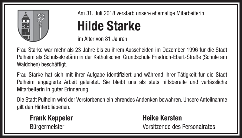  Traueranzeige für Hilde Starke vom 08.09.2018 aus  Sonntags-Post 