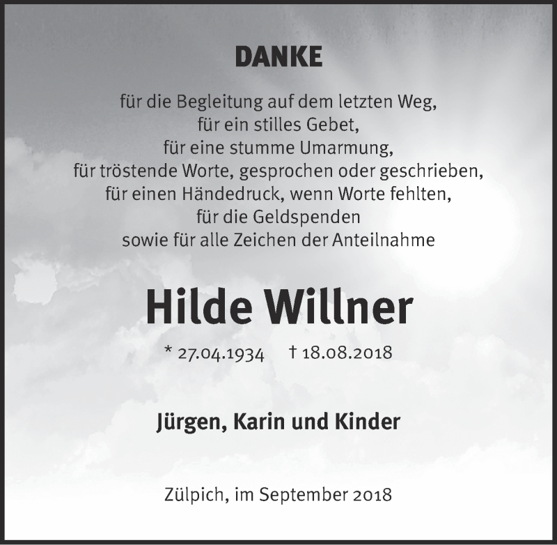  Traueranzeige für Hilde Willner vom 15.09.2018 aus  Blickpunkt Euskirchen 