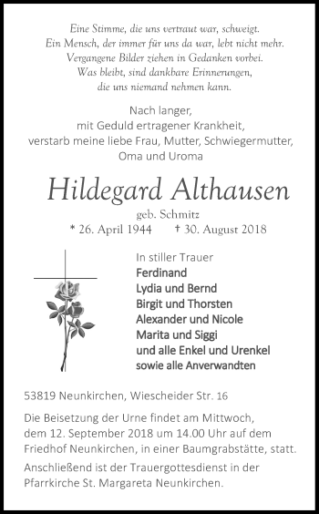 Anzeige von Hildegard Althausen von Kölner Stadt-Anzeiger / Kölnische Rundschau / Express
