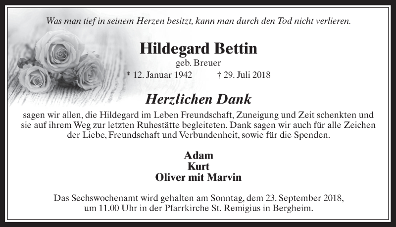  Traueranzeige für Hildegard Bettin vom 12.09.2018 aus  Werbepost 
