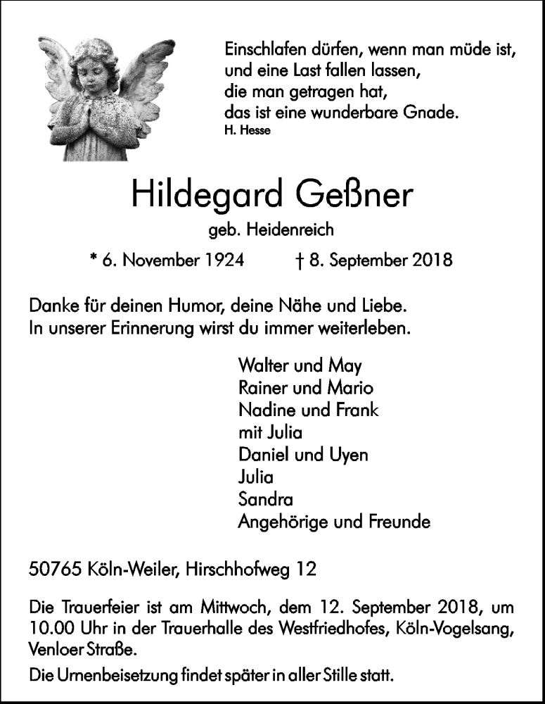  Traueranzeige für Hildegard Geßner vom 12.09.2018 aus Kölner Stadt-Anzeiger / Kölnische Rundschau / Express