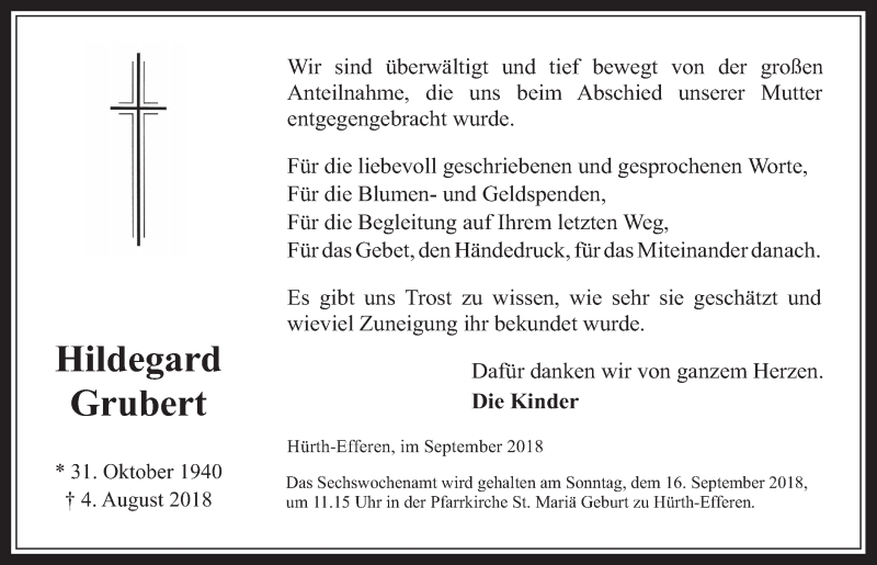  Traueranzeige für Hildegard Grubert vom 05.09.2018 aus  Wochenende 
