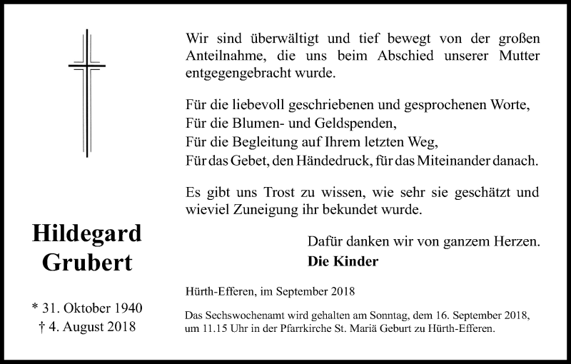  Traueranzeige für Hildegard Grubert vom 08.09.2018 aus Kölner Stadt-Anzeiger / Kölnische Rundschau / Express
