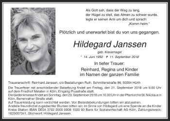 Anzeige von Hildegard Janssen von  Kölner Wochenspiegel 