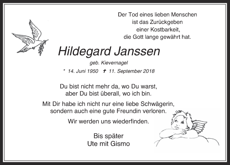  Traueranzeige für Hildegard Janssen vom 19.09.2018 aus  Wochenende  Schlossbote/Werbekurier 