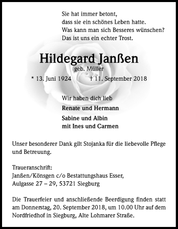Anzeige von Hildegard Janßen von Kölner Stadt-Anzeiger / Kölnische Rundschau / Express
