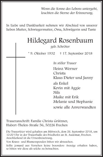 Anzeige von Hildegard Rosenbaum von  Sonntags-Post 