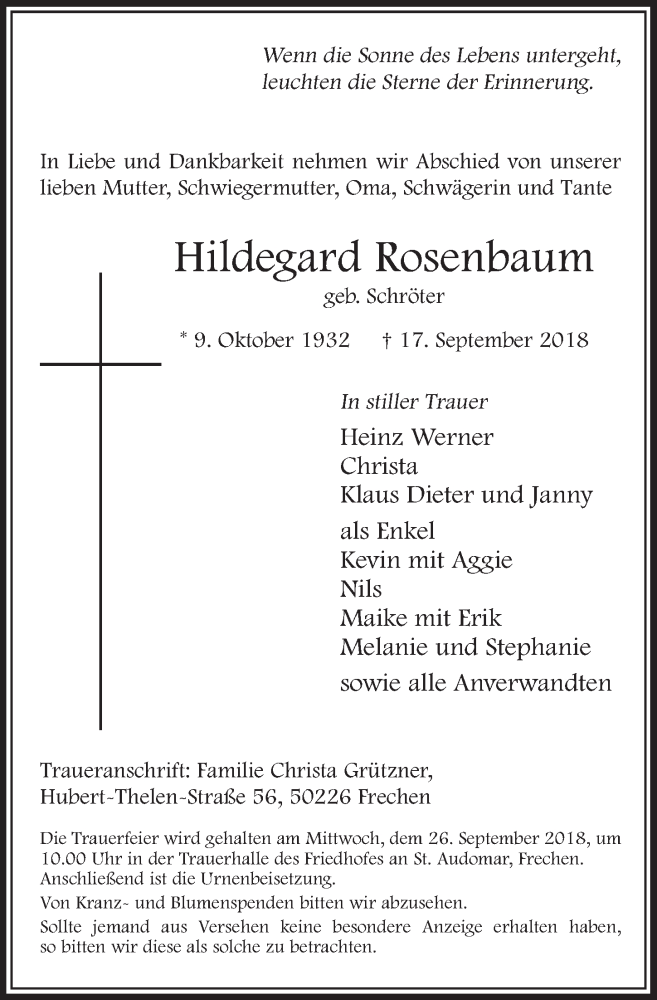  Traueranzeige für Hildegard Rosenbaum vom 22.09.2018 aus  Sonntags-Post 