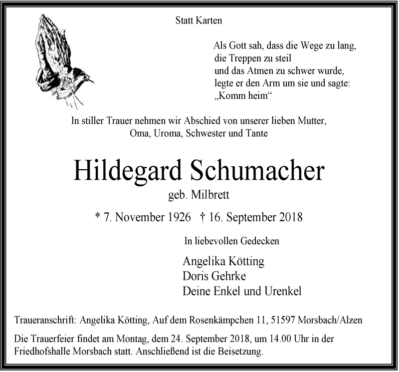  Traueranzeige für Hildegard Schumacher vom 19.09.2018 aus  Lokalanzeiger 
