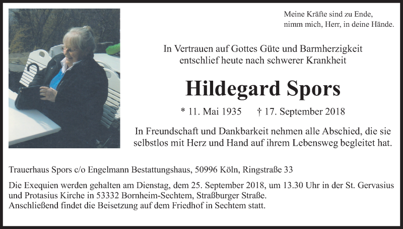  Traueranzeige für Hildegard Spors vom 22.09.2018 aus Kölner Stadt-Anzeiger / Kölnische Rundschau / Express