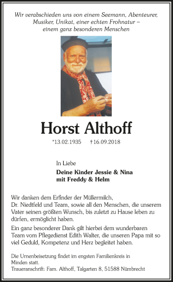Anzeige von Horst Althoff von  Lokalanzeiger 