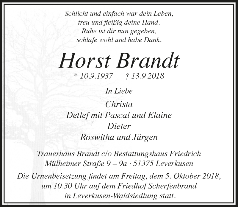  Traueranzeige für Horst Brandt vom 26.09.2018 aus  Lokale Informationen 