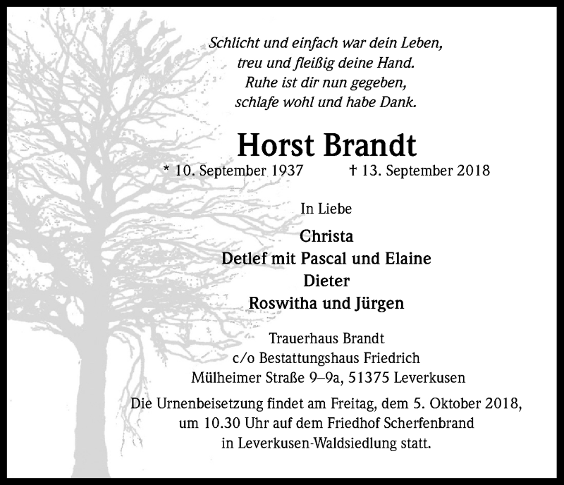  Traueranzeige für Horst Brandt vom 29.09.2018 aus Kölner Stadt-Anzeiger / Kölnische Rundschau / Express