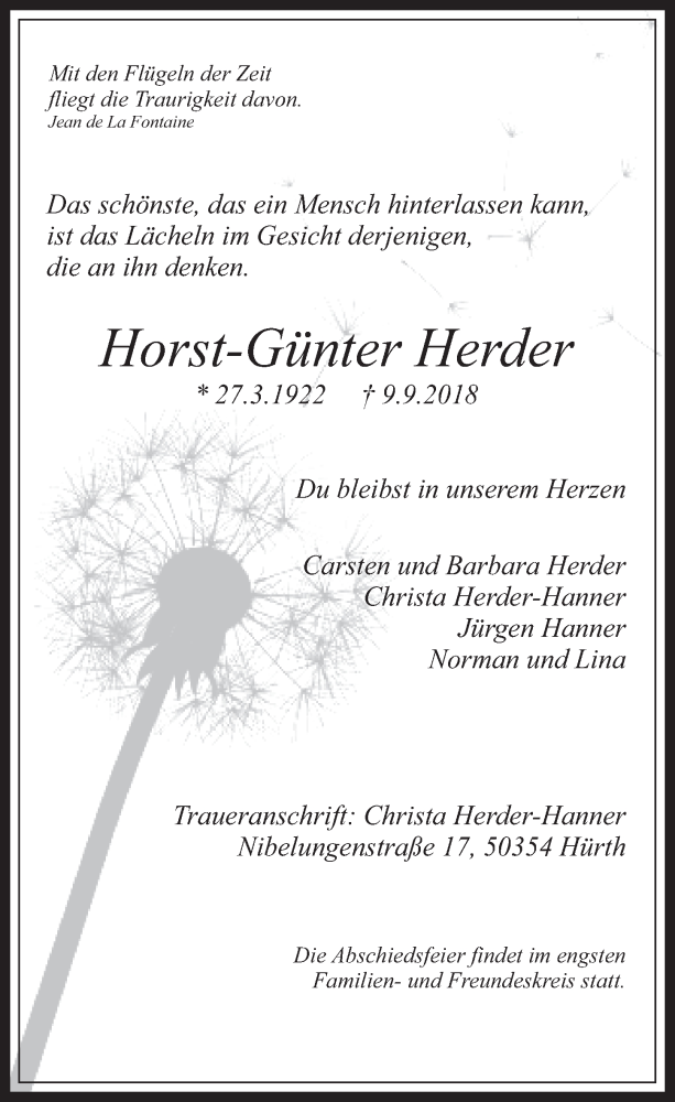  Traueranzeige für Horst-Günter Herder vom 19.09.2018 aus  Wochenende 