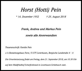 Anzeige von Horst Pein von Kölner Stadt-Anzeiger / Kölnische Rundschau / Express