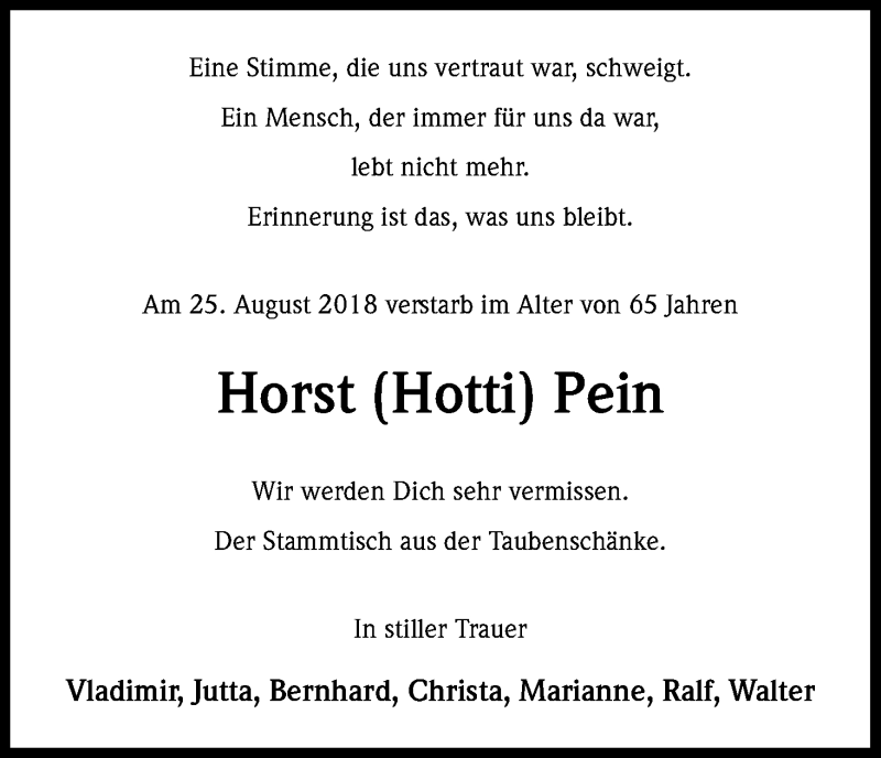  Traueranzeige für Horst Pein vom 08.09.2018 aus Kölner Stadt-Anzeiger / Kölnische Rundschau / Express