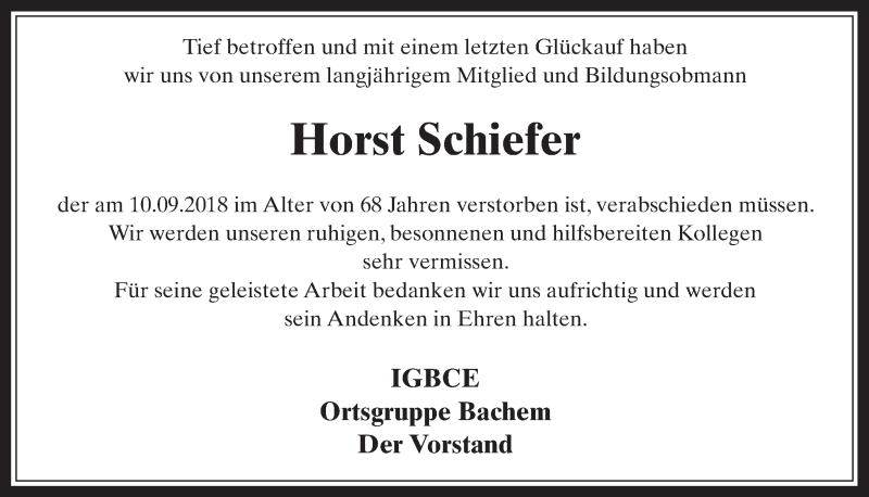  Traueranzeige für Horst Schiefer vom 26.09.2018 aus  Wochenende 