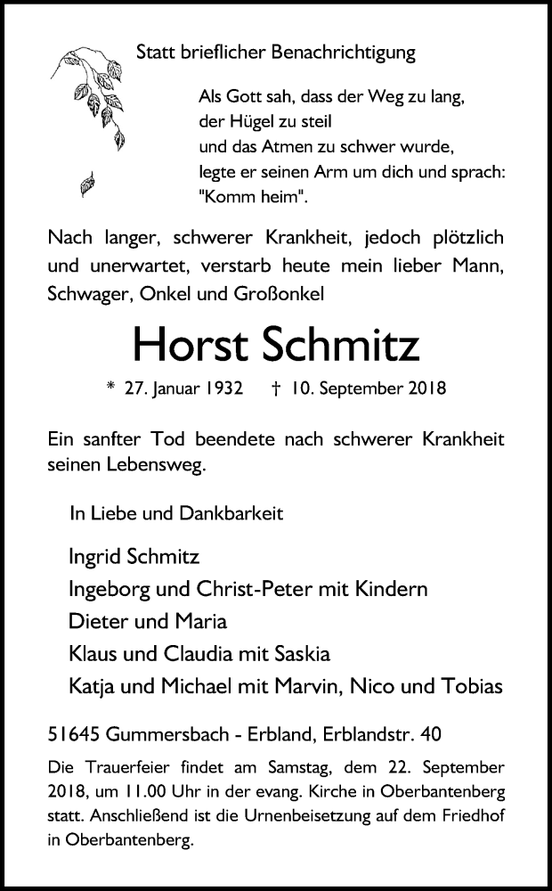  Traueranzeige für Horst Schmitz vom 14.09.2018 aus Kölner Stadt-Anzeiger / Kölnische Rundschau / Express