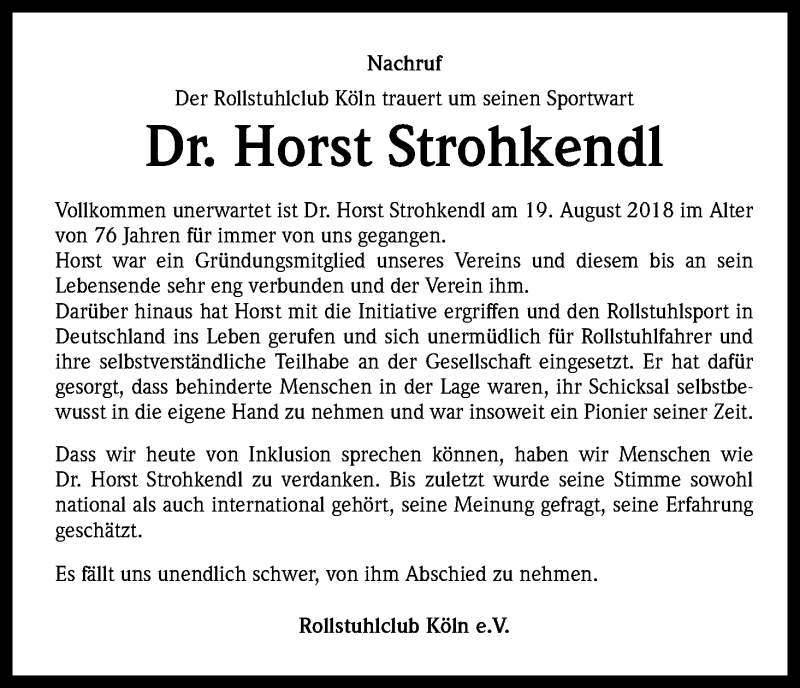  Traueranzeige für Horst Strohkendl vom 22.09.2018 aus Kölner Stadt-Anzeiger / Kölnische Rundschau / Express