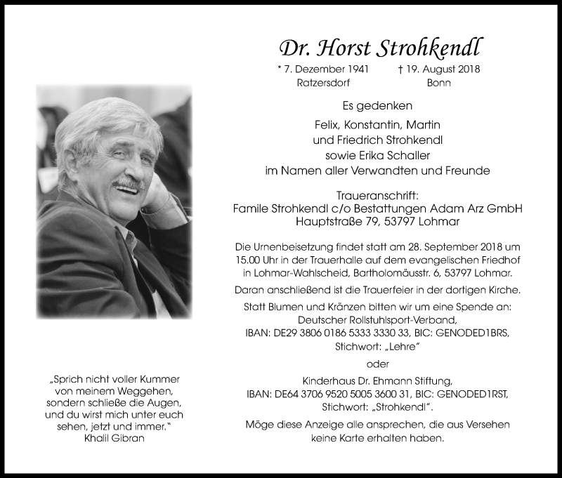  Traueranzeige für Horst Strohkendl vom 15.09.2018 aus Kölner Stadt-Anzeiger / Kölnische Rundschau / Express