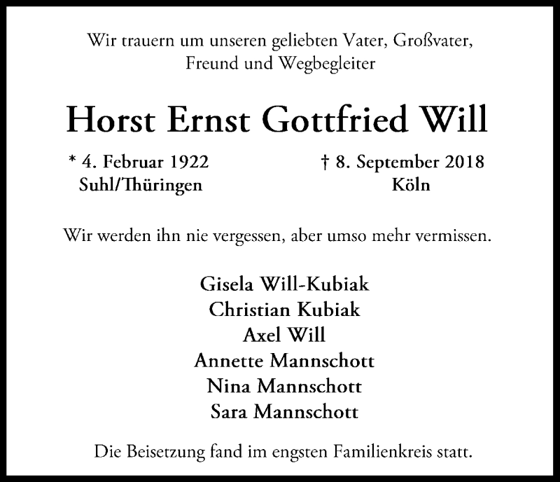  Traueranzeige für Horst Ernst Gottfried Will vom 22.09.2018 aus Kölner Stadt-Anzeiger / Kölnische Rundschau / Express