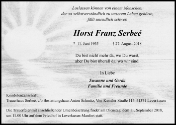 Anzeige von Horst Franz Serbeé von Kölner Stadt-Anzeiger / Kölnische Rundschau / Express