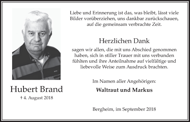  Traueranzeige für Hubert Brand vom 22.09.2018 aus  Sonntags-Post 