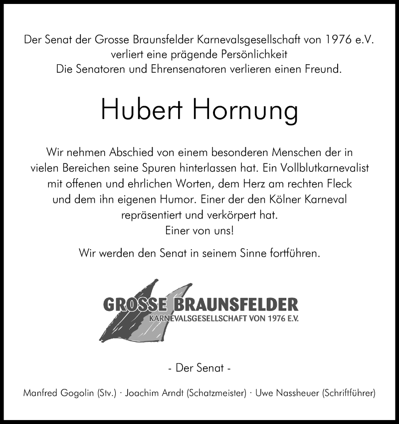 Traueranzeige für Hubert Hornung vom 05.09.2018 aus Kölner Stadt-Anzeiger / Kölnische Rundschau / Express